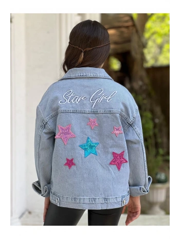 Kız Çocuk Yıldız Pul Payet Işlemeli Kot Ceket-jeans Ceket/kot Mont-jeans Mont