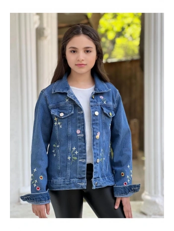 Kız Çocuk Çiçek Nakışlı Kot Ceket-jeans Ceket/kot Mont-jeans Mont