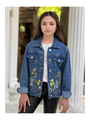 Kız Çocuk Çiçek Nakışlı Kot Ceket-jeans Ceket/kot Mont-jeans Mont