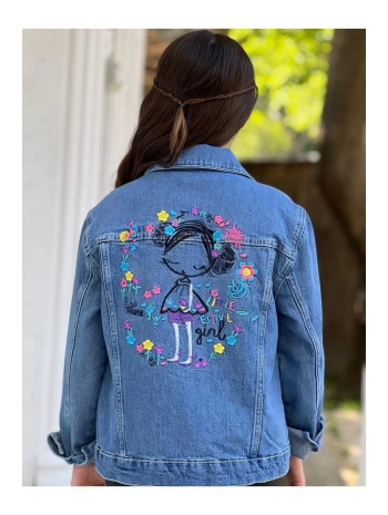 Kız Çocuk Çiçek Nakışlı Kot Ceket-jeans Ceket/kot Mont-jeans Mont