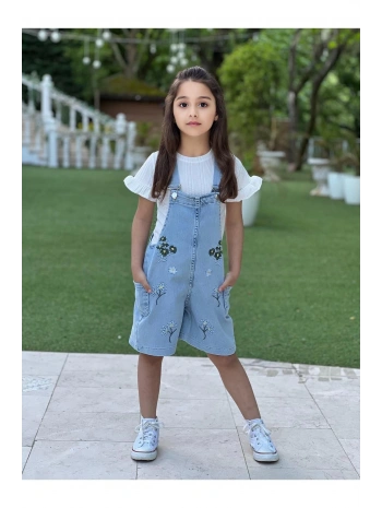 Kız Çocuk Çiçek Nakışlı Kot Salopet Ve Ekru T-Shirt Takım