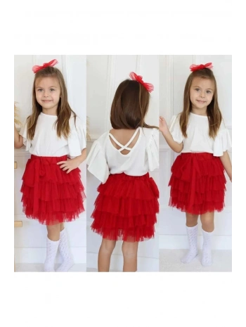 Kız Cocuk Kırmızı Tüllü Kat Kat Etek Ve Bluz Takım-23 Nisan-bayramlık