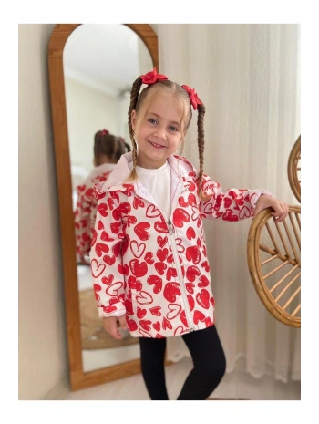 Kız Çocuk Kırmızı Beyaz Kalpli Su Ve Rüzgar Geçirmez Trençkot-yağmurluk-rüzgarlık