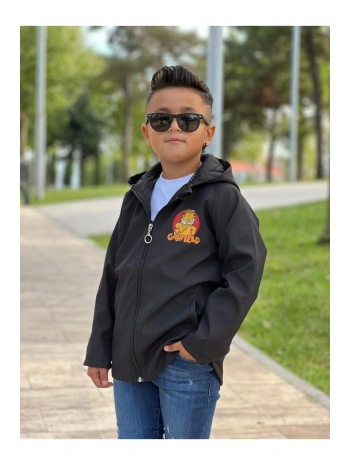 Erkek Çocuk Su Ve Rüzgar Geçirmez Siyah Trençkot-yağmurluk-rüzgarlık