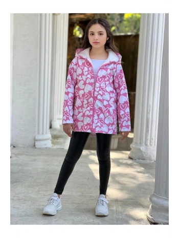 Kız Çocuk Pembe Beyaz Kalpli Su Ve Rüzgar Geçirmez Trençkot-Yağmurluk-Rüzgarlık