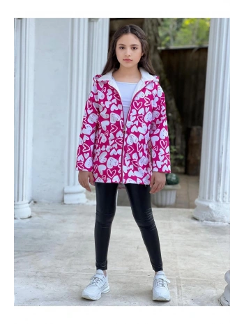 Kız Çocuk Fuşya Pembe Beyaz Kalpli Su Ve Rüzgar Geçirmez Trençkot-Yağmurluk-Rüzgarlık