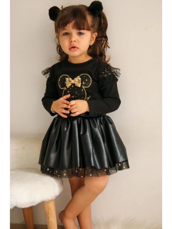 Kız Çocuk Siyah Deri Etekli Bluzlu Alt Üst Takım-bayramlık