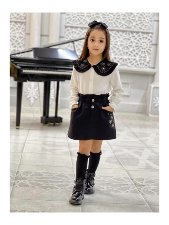 Kız Çocuk Siyah Etekli Ekru Bluzlu Alt Üst Takım-bayramlık-23 Nisan