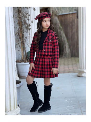 KIZ ÇOCUK EKOSE DESENLİ ETEK-CEKET-BLUZ-RESSAM ŞAPKA DÖRTLÜ TAKIM-BAYRAMLIK