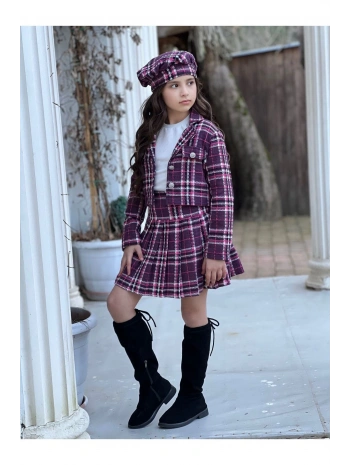 Kız Çocuk Ekose Desenli Etek-ceket-bluz-ressam Şapka Dörtlü Takım-bayramlık