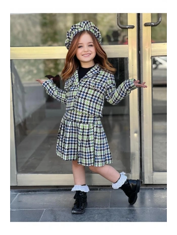 KIZ ÇOCUK EKOSE DESENLİ ETEK-CEKET-BLUZ-RESSAM ŞAPKA DÖRTLÜ TAKIM-BAYRAMLIK