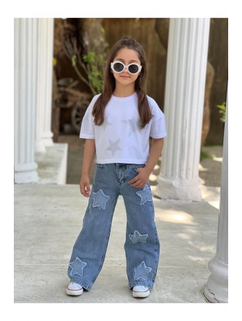 Kız Çocuk Yıldız Eskitmeli Kot (JEANS) Pantolon Ve Beyaz Crop T-shirt Takım