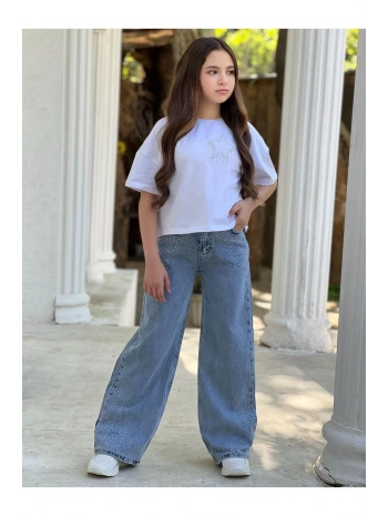 Kız Çocuk Taşlı Kot (JEANS) Pantolon Ve Beyaz Crop T-shirt Takım