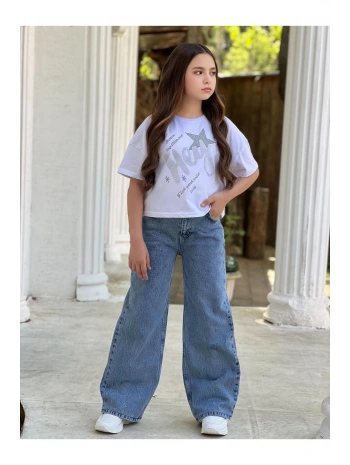 Kız Çocuk Cool Kot (JEANS) Pantolon Ve Beyaz Crop T-shirt Takım