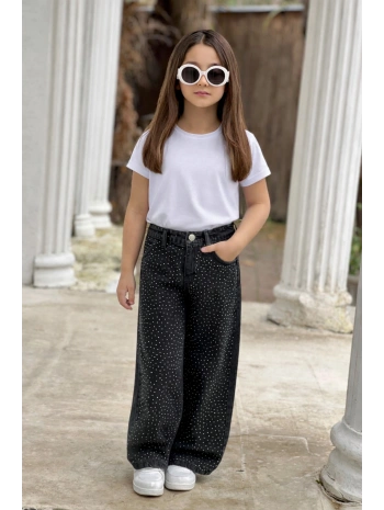 KIZ ÇOCUK SİYAH KOMPLE TAŞLI BOL PAÇA KOT PANTOLON (JEANS-DENİM)-BAYRAMLIK