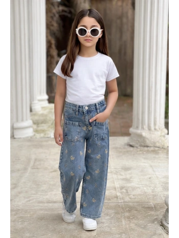 KIZ ÇOCUK KALPLİ NAKIŞLI BOL PAÇA MAVİ KOT PANTOLON (JEANS-DENİM)-BAYRAMLIK