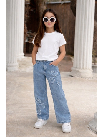 KIZ ÇOCUK KALPLİ ESKİTMELİ BOL PAÇA MAVİ KOT PANTOLON (JEANS-DENİM)-BAYRAMLIK