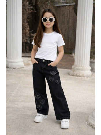 KIZ ÇOCUK KALPLİ ESKİTMELİ BOL PAÇA SİYAH KOT PANTOLON (JEANS-DENİM)-BAYRAMLIK
