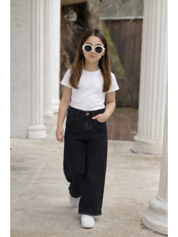 KIZ ÇOCUK ESKİTME BOL PAÇA SİYAH KOT PANTOLON (JEANS-DENİM)-BAYRAMLIK