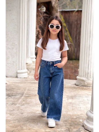 KIZ ÇOCUK ESKİTME BOL PAÇA MAVİ KOT PANTOLON (JEANS-DENİM)-BAYRAMLIK