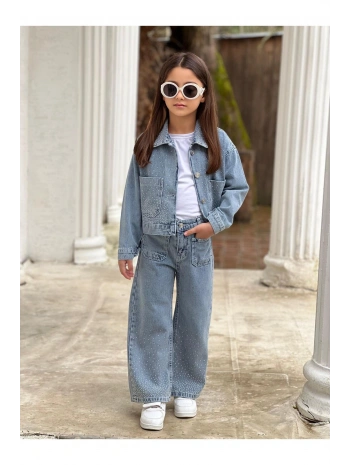 KIZ ÇOCUK YAKASI TAŞLI MAVİ KOT PANTOLON VE KOT CEKET TAKIM-BAYRAMLIK