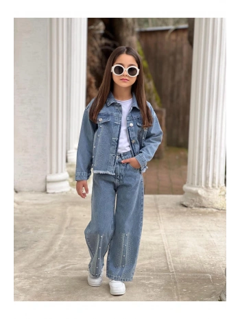 KIZ ÇOCUK BÜYÜK TAŞLI MAVİ KOT PANTOLON VE KOT CEKET TAKIM-BAYRAMLIK