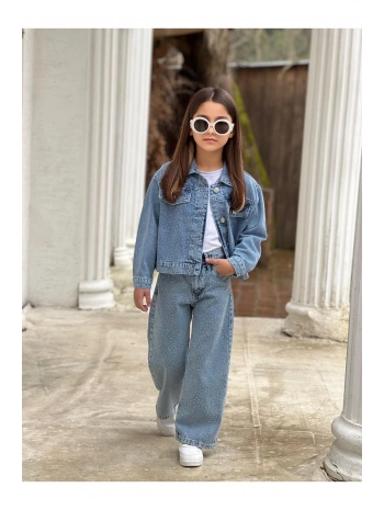 KIZ ÇOCUK KOMPLE TAŞLI MAVİ KOT PANTOLON VE KOT CEKET TAKIM-BAYRAMLIK