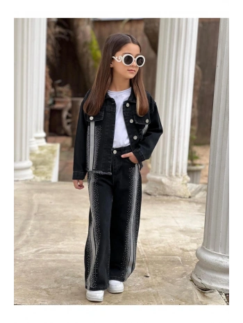 KIZ ÇOCUK ŞERİTLİ TAŞLI SİYAH KOT PANTOLON VE KOT CEKET TAKIM-BAYRAMLIK