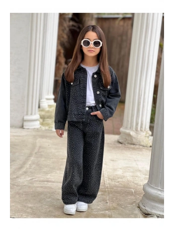 KIZ ÇOCUK TAŞLI SİYAH KOT PANTOLON VE KOT CEKET TAKIM-BAYRAMLIK