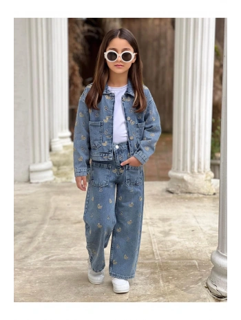 KIZ ÇOCUK NAKIŞLI MAVİ KOT PANTOLON VE KOT CEKET TAKIM-BAYRAMLIK