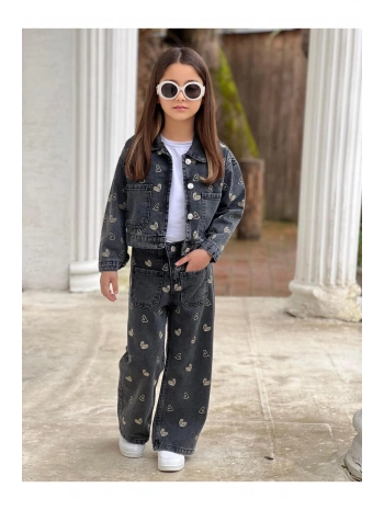 KIZ ÇOCUK NAKIŞLI SİYAH KOT PANTOLON VE KOT CEKET TAKIM-BAYRAMLIK