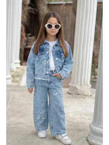 KIZ ÇOCUK KALPLİ MAVİ KOT PANTOLON VE KOT CEKET TAKIM-BAYRAMLIK