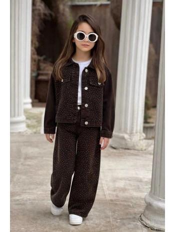 KIZ ÇOCUK TAŞLI KAHVERENGİ KOT PANTOLON VE KOT CEKET TAKIM-BAYRAMLIK