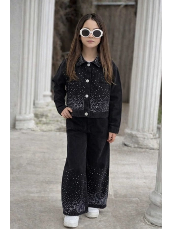 KIZ ÇOCUK YAKASI TAŞLI SİYAH KOT PANTOLON VE KOT CEKET TAKIM-BAYRAMLIK