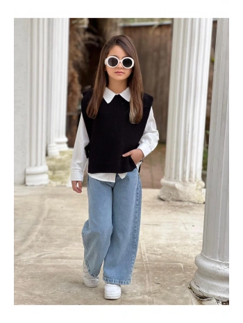 KIZ ÇOCUK KOT PANTOLON-GÖMLEK-SÜETER ÜÇLÜ TAKIM-BAYRAMLIK