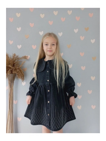 KIZ ÇOCUK TAŞ İŞLEMELİ KOT/JEANS ELBİSE-BAYRAMLIK