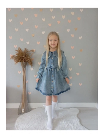 KIZ ÇOCUK TAŞ İŞLEMELİ KOT/JEANS ELBİSE-BAYRAMLIK