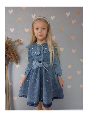 KIZ ÇOCUK İNCİLİ KOT ELBİSE/JEANS ELBİSE-BAYRAMLIK