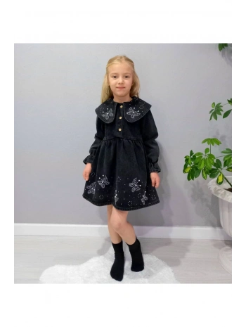 KIZ ÇOCUK KELEBEK TAŞ İŞLEMELİ KOT/JEANS ELBİSE-BAYRAMLIK