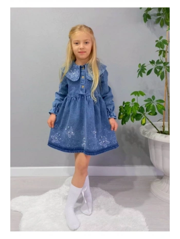 KIZ ÇOCUK KELEBEK TAŞ İŞLEMELİ KOT/JEANS ELBİSE-BAYRAMLIK