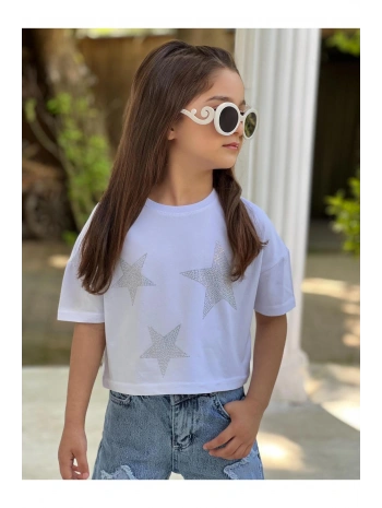 KIZ ÇOCUK YILDIZ TEMALI BEYAZ CROP T-SHİRT