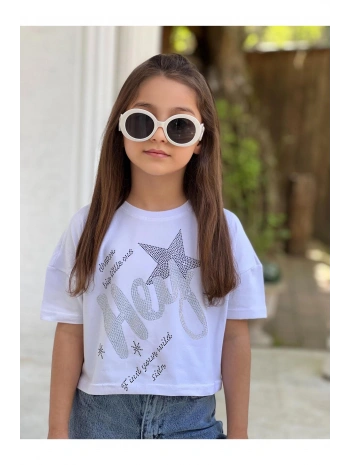 KIZ ÇOCUK YILDIZ TEMALI BEYAZ CROP T-SHİRT