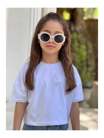 KIZ ÇOCUK YILDIZ TEMALI BEYAZ CROP T-SHİRT