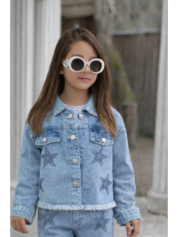 Kız Çocuk Taşlı Yıldızlı Kot Ceket-Jeans Ceket/Kot Mont-Jeans Mont-BAYRAMLIK