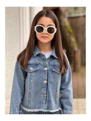 Kız Çocuk Büyük Taşlı Mavi Kot Ceket-Jeans Ceket/Kot Mont-Jeans Mont-BAYRAMLIK