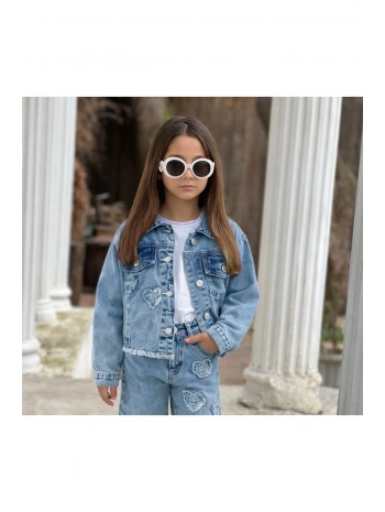 Kız Çocuk Kalpli Eskitmeli Mavi Kot Ceket-Jeans Ceket/Kot Mont-Jeans Mont-BAYRAMLIK