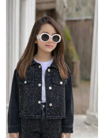 Kız Çocuk Siyah Taşlı Kot Ceket-Jeans Ceket/Kot Mont-Jeans Mont-BAYRAMLIK