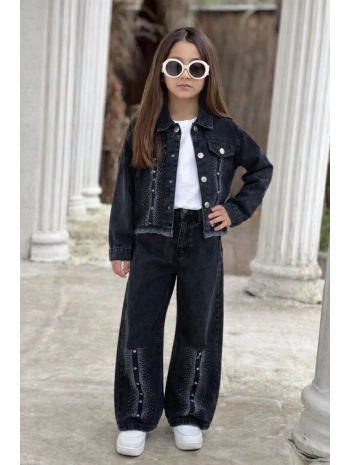 KIZ ÇOCUK BÜYÜK TAŞLI SİYAH KOT PANTOLON VE KOT CEKET TAKIM-BAYRAMLIK