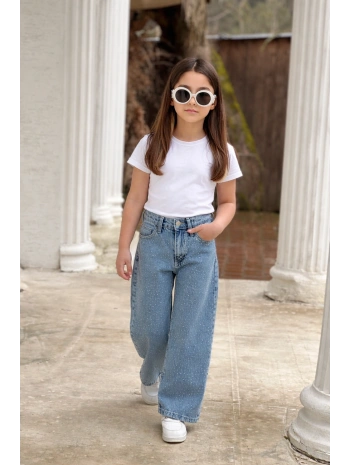 KIZ ÇOCUK BOL PAÇA TAŞLI MAVİ KOT PANTOLON (JEANS-DENİM)-BAYRAMLIK