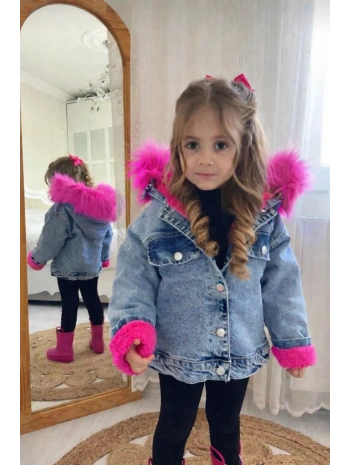 Kız Çocuk Kürklü Kapşonlu Kalın Kot Mont